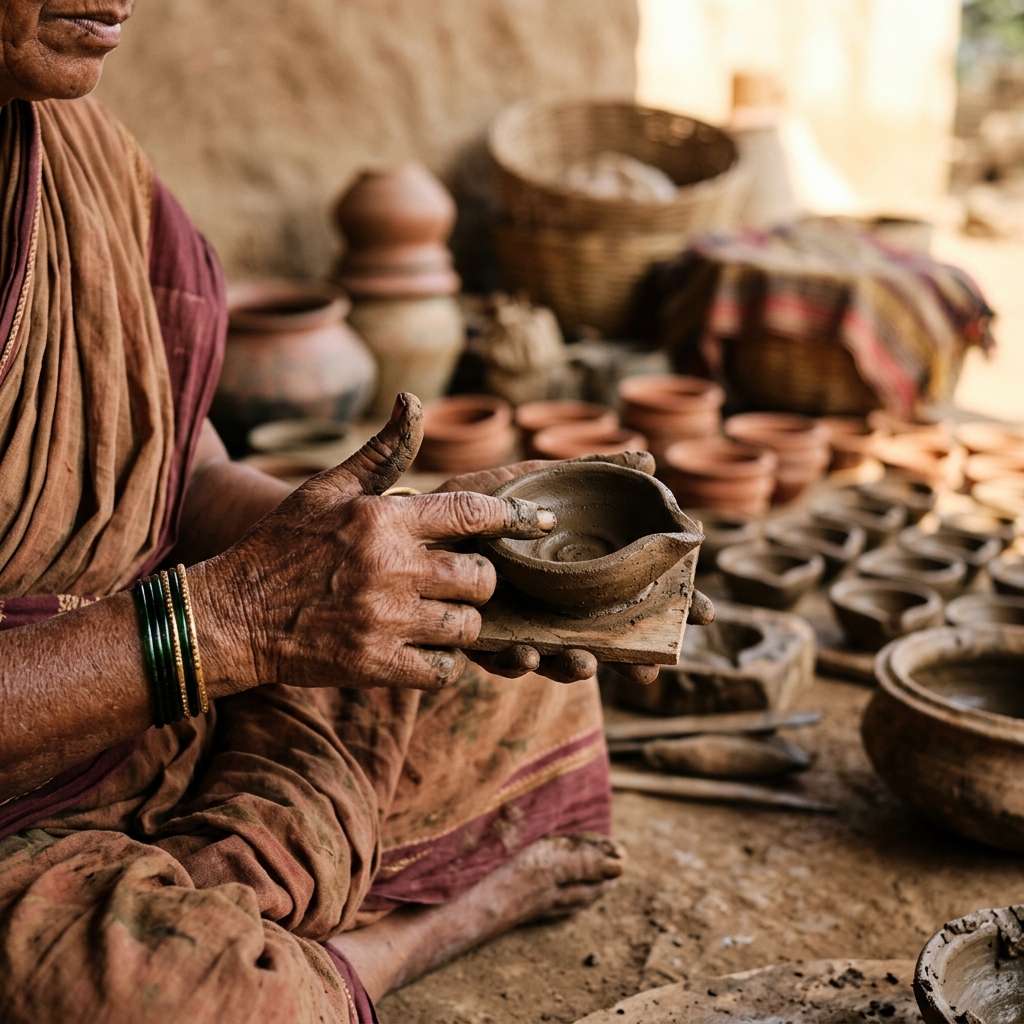 Artisan hands shaping a diya